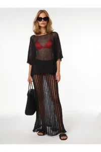 Olalook Women's Black Metallic Textured Openwork Beach Skirt