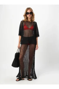 Olalook Women's Black Metallic Textured Openwork Beach Skirt - Image 2