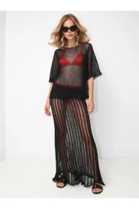Olalook Women's Black Metallic Textured Openwork Beach Skirt - Image 5