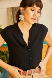 Olalook Women Black V-neck Shirt - Image 4