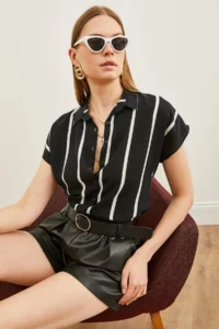 Olalook Women's Black Striped Bat Viscose Shirt - Image 4