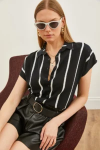 Olalook Women's Black Striped Bat Viscose Shirt - Image 5