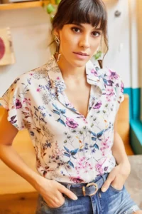 Olalook Women's Powder Mixed Floral Bat Viscose Shirt
