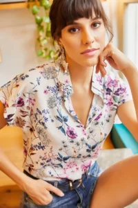 Olalook Women's Powder Mixed Floral Bat Viscose Shirt - Image 2