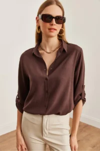 Olalook Women's Brown Sleeve Folded Linen Shirt