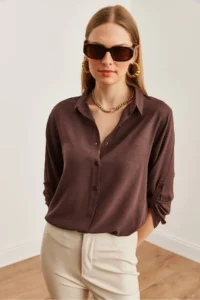 Olalook Women's Brown Sleeve Folded Linen Shirt - Image 3