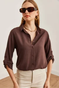 Olalook Women's Brown Sleeve Folded Linen Shirt - Image 4