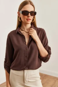 Olalook Women's Brown Sleeve Folded Linen Shirt - Image 5