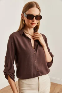 Olalook Women's Brown Sleeve Folded Linen Shirt - Image 6