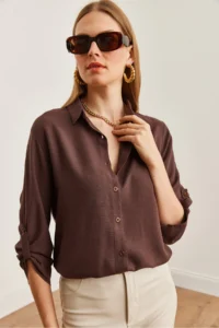 Olalook Women's Brown Sleeve Folded Linen Shirt - Image 7
