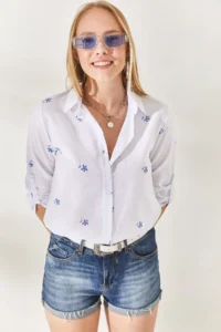 Olalook Tiny Ecru Navy Blue Sleeve Folded Linen Shirt - Image 2
