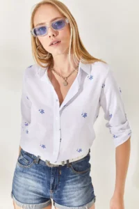 Olalook Tiny Ecru Navy Blue Sleeve Folded Linen Shirt - Image 3