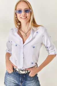 Olalook Tiny Ecru Navy Blue Sleeve Folded Linen Shirt - Image 4