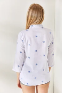 Olalook Tiny Ecru Navy Blue Sleeve Folded Linen Shirt - Image 6