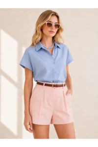 Olalook Women Bebe BLUE Yarasa Linen Shirt - Image 2