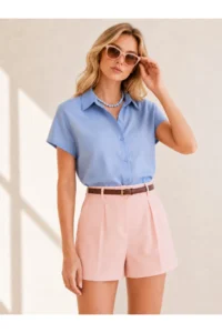 Olalook Women Bebe BLUE Yarasa Linen Shirt - Image 3