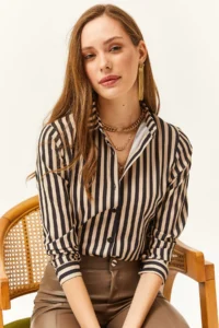 Olalook Women Black Striped Weaving Shirt - Image 3