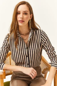 Olalook Women Black Striped Weaving Shirt - Image 4