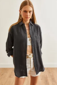 Olalook Women's Anthracite Oversize Basic Muslin Shirt