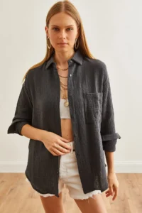 Olalook Women's Anthracite Oversize Basic Muslin Shirt - Image 3