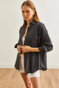 Olalook Women's Anthracite Oversize Basic Muslin Shirt - Image 5