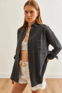 Olalook Women's Anthracite Oversize Basic Muslin Shirt - Image 6