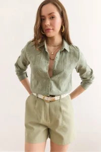 Olalook Women's Green Muslin Shirt with Embroidery Detail