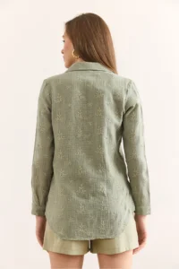 Olalook Women's Green Muslin Shirt with Embroidery Detail - Image 2