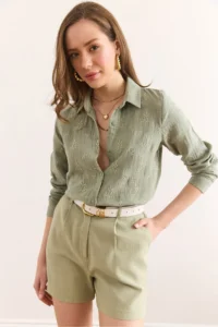 Olalook Women's Green Muslin Shirt with Embroidery Detail - Image 3