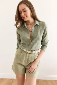 Olalook Women's Green Muslin Shirt with Embroidery Detail - Image 4