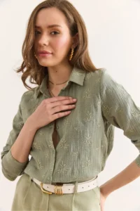 Olalook Women's Green Muslin Shirt with Embroidery Detail - Image 5