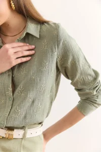 Olalook Women's Green Muslin Shirt with Embroidery Detail - Image 6