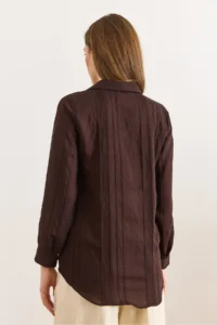 Olalook Women's Bitter Brown Geometric Stripe Detailed Loose Shirt - Image 2