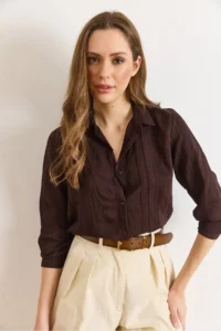 Olalook Women's Bitter Brown Geometric Stripe Detailed Loose Shirt - Image 3