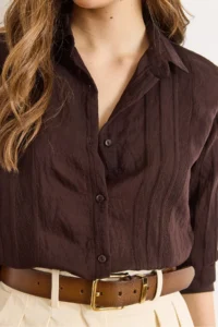 Olalook Women's Bitter Brown Geometric Stripe Detailed Loose Shirt - Image 4