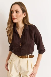 Olalook Women's Bitter Brown Geometric Stripe Detailed Loose Shirt - Image 5