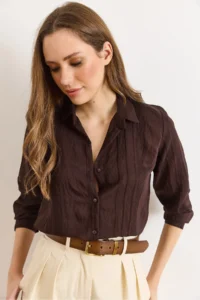 Olalook Women's Bitter Brown Geometric Stripe Detailed Loose Shirt - Image 6