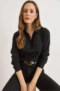 Olalook Women's Black Sequin Detailed Striped Regular Fit Shirt