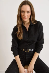 Olalook Women's Black Sequin Detailed Striped Regular Fit Shirt - Image 3