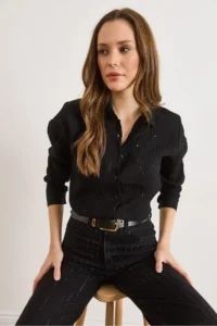 Olalook Women's Black Sequin Detailed Striped Regular Fit Shirt - Image 4