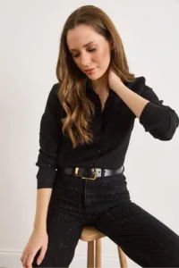 Olalook Women's Black Sequin Detailed Striped Regular Fit Shirt - Image 6