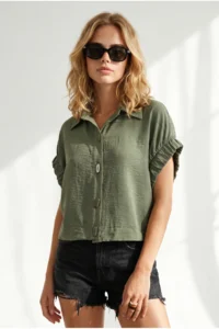 Olalook Women's Khaki Button and Sleeve Detailed Wrinkle Detailed Shirt - Image 2