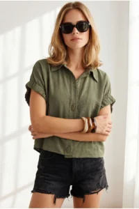 Olalook Women's Khaki Button and Sleeve Detailed Wrinkle Detailed Shirt - Image 3