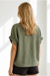 Olalook Women's Khaki Button and Sleeve Detailed Wrinkle Detailed Shirt - Image 4