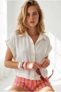 Olalook Women's White Button and Sleeve Detailed Wrinkle Detailed Shirt