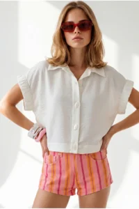 Olalook Women's White Button and Sleeve Detailed Wrinkle Detailed Shirt - Image 2