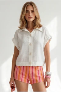 Olalook Women's White Button and Sleeve Detailed Wrinkle Detailed Shirt - Image 3