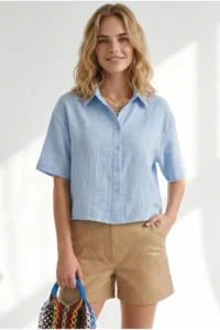 Olalook Women's Baby Blue Short Sleeve Crop Muslin Shirt - Image 2