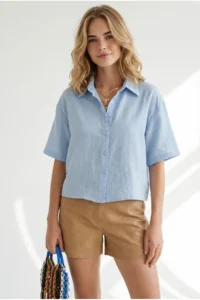 Olalook Women's Baby Blue Short Sleeve Crop Muslin Shirt - Image 4