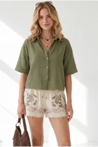 Olalook Women's Khaki Short Sleeve Crop Muslin Shirt - Image 2